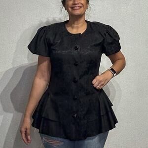 Virgo II Black Embroidered Floral Vintage Blouse Sz 16